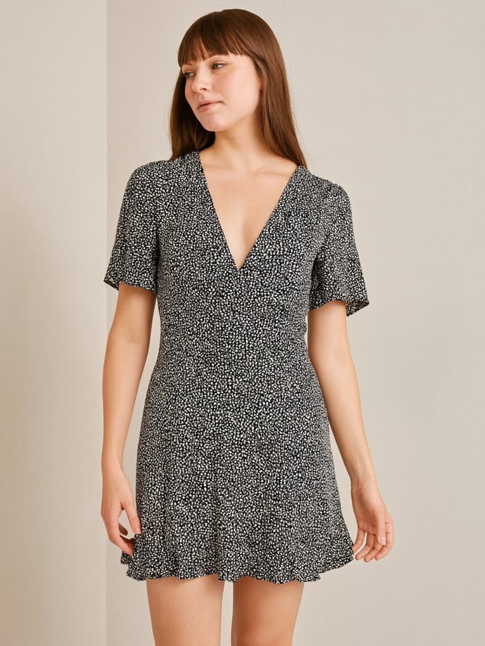 Abercrombie & Fitch Black and White Spotted Printed Flutter Sleeve Mini Dress